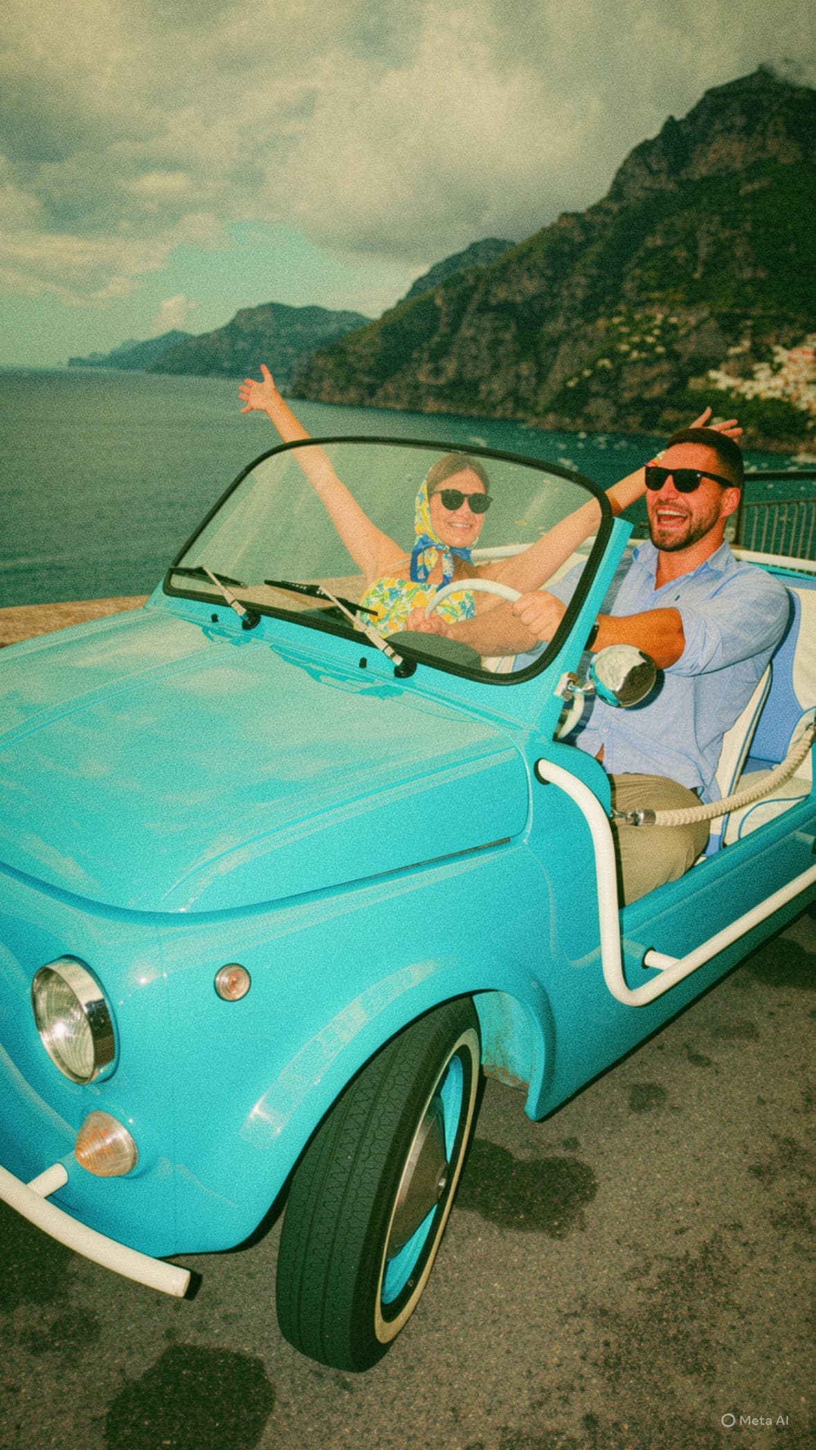 Group photo in the open-top Fiat 500 Jolly with Amalfi Coast backdrop